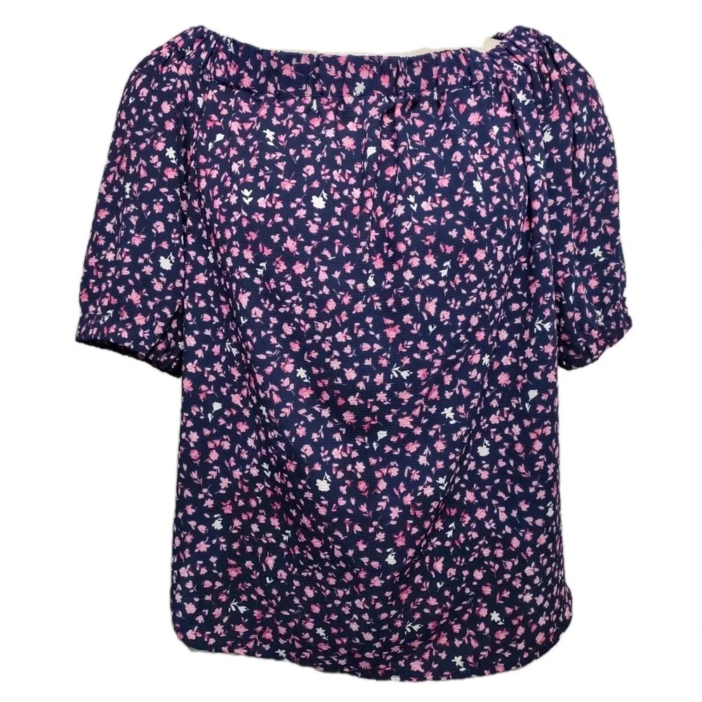 Michael Kors Blouse Women's Size L Short Sleeve Elastic Collar Navy Blue Floral